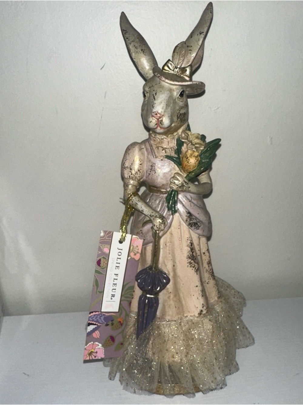 Jolie Fleur Victorian Easter Bunny Rabbit Figurine Lady Flowers Umbrella  Dress